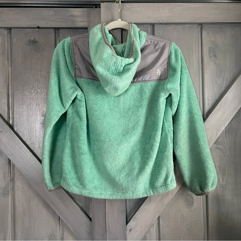 The north face aqua mint gray fuzzy jacket zip up hood‎ size Large 14/16